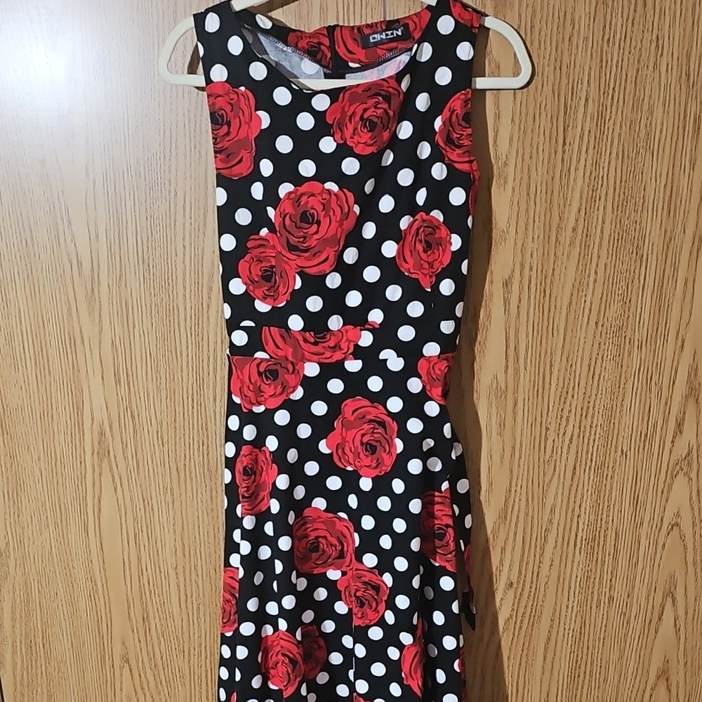 DKNY Black and Red Rose Polka Dot Midi Dress